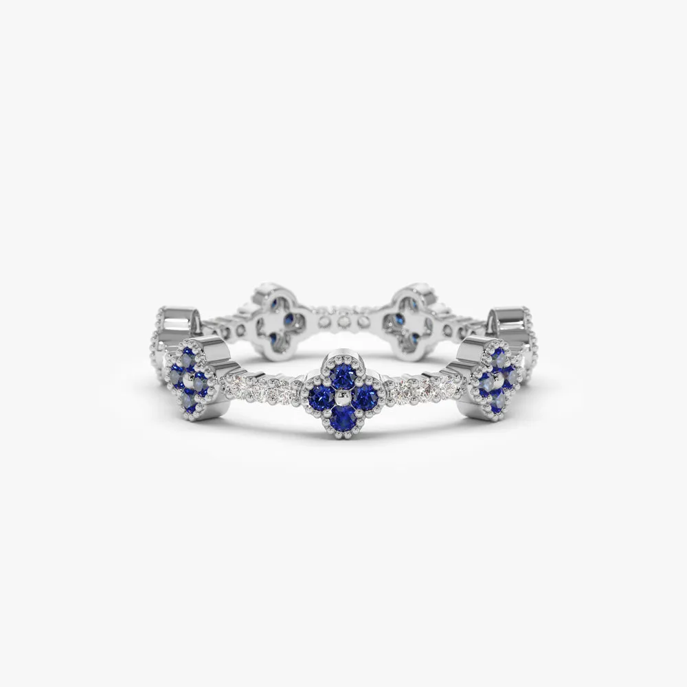 14k Full Eternity Clover Sapphire and Diamond Ring