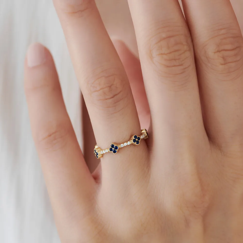 14k Full Eternity Clover Sapphire and Diamond Ring