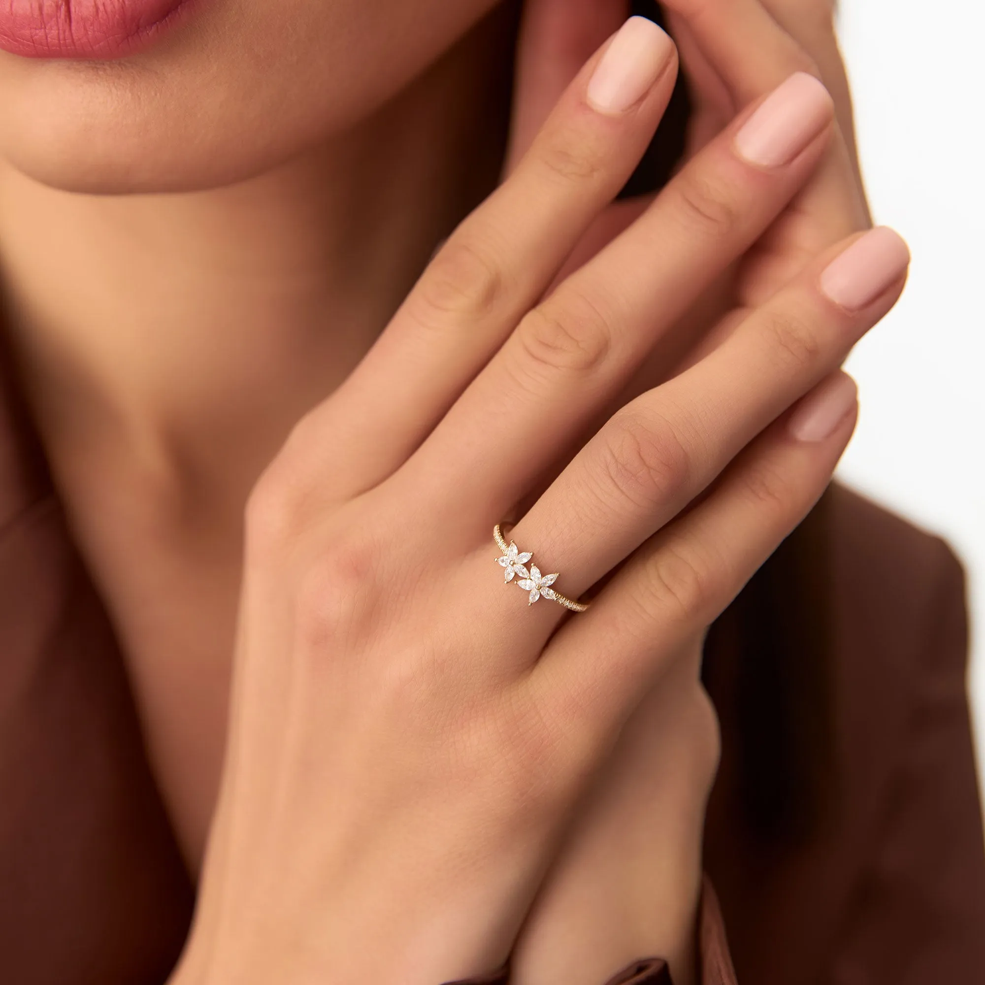14k Marquise Shaped Diamond Flower Design Statement Ring