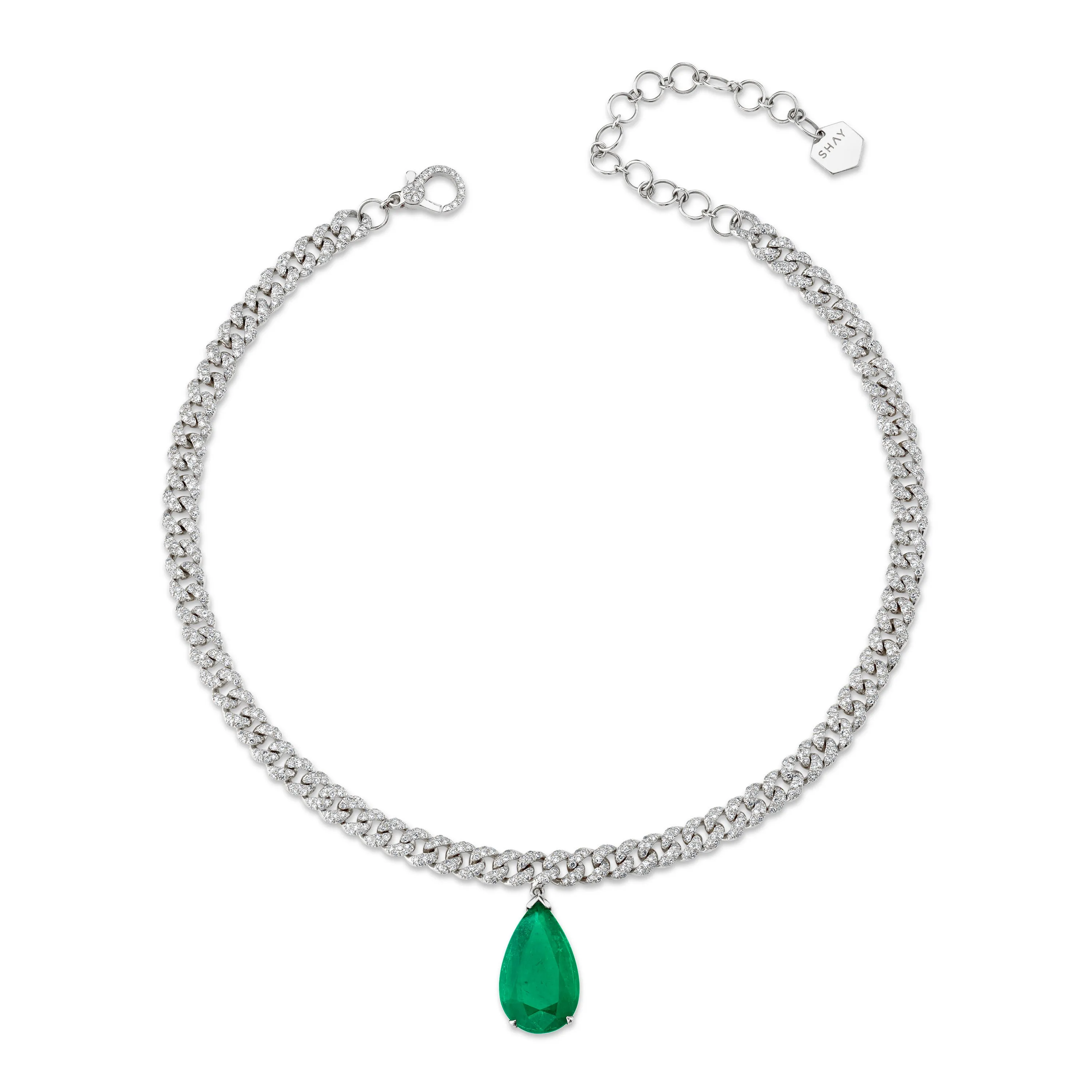 EMERALD TEARDROP PAVE MINI PAVE LINK CHOKER