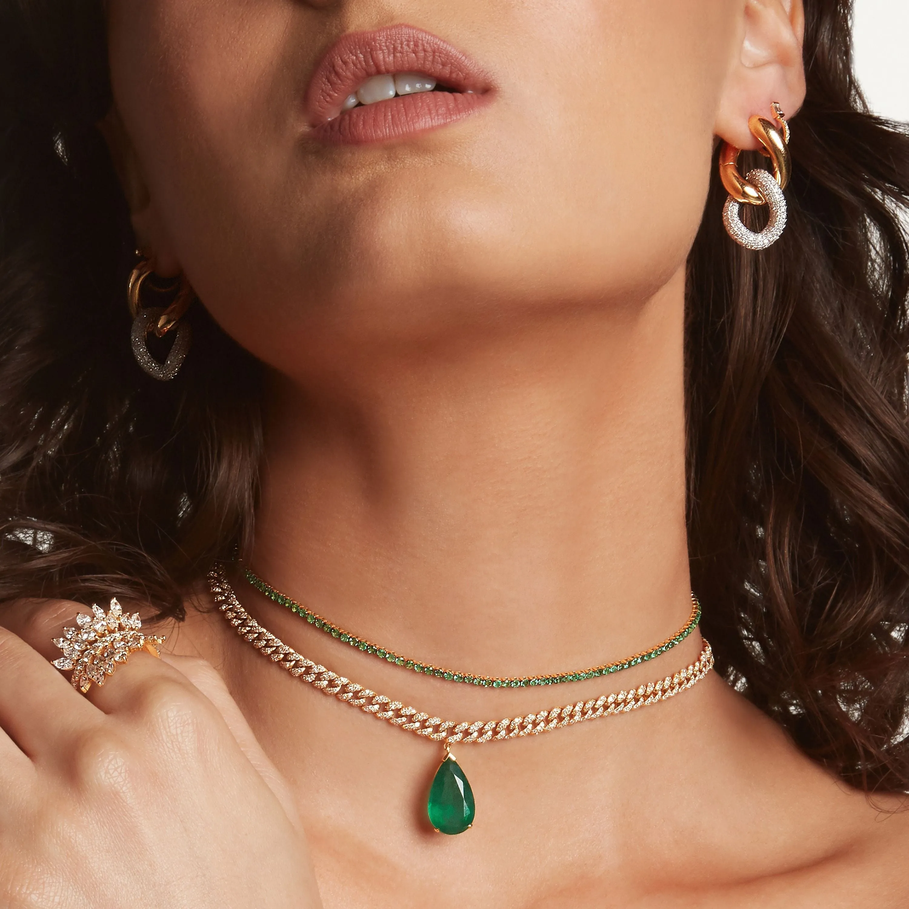 EMERALD TEARDROP PAVE MINI PAVE LINK CHOKER
