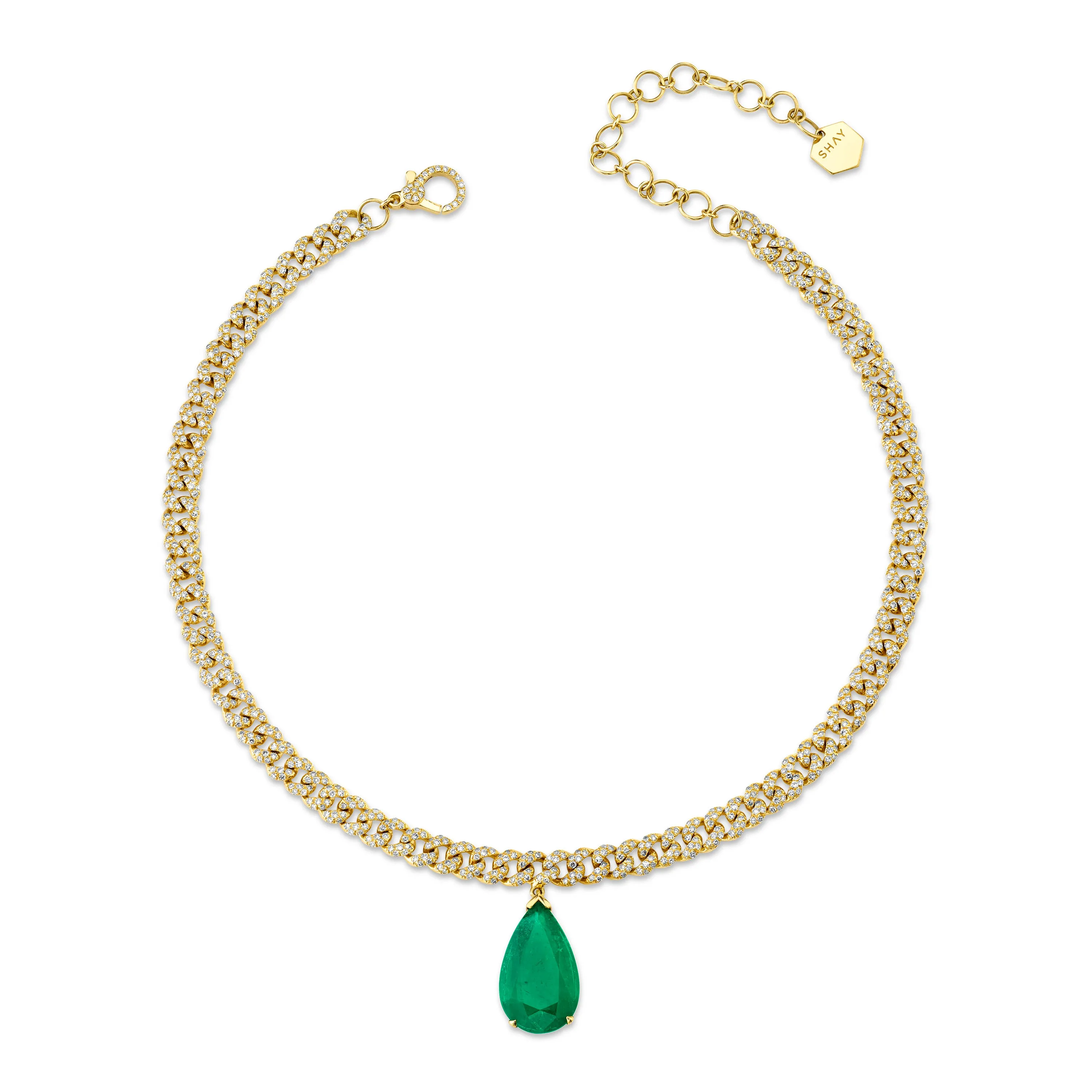 EMERALD TEARDROP PAVE MINI PAVE LINK CHOKER