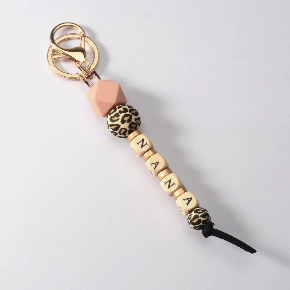 PINK LEOPARD BEADED NANA KEYCHAIN